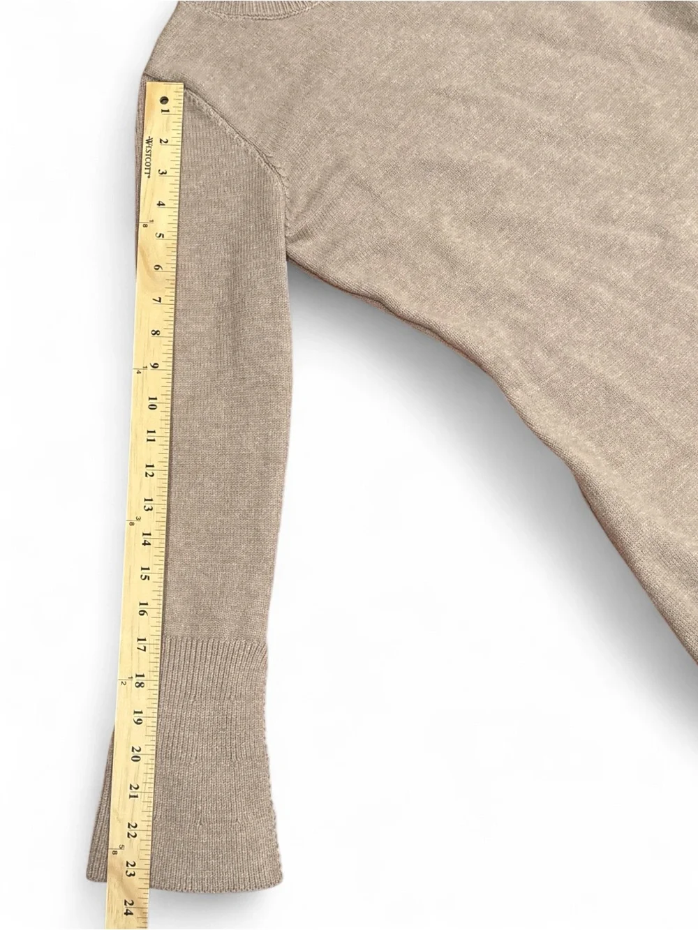 COSMINA Khaki Knit Sweater Dress with White Lace Trim Asymmetrical Hem S